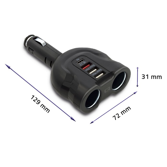 Invertor universal de masina Qoltec 12-24V 52W 2.4A 2 x USB USB QC 3.0 USB-C PD 2 x Splitter brichetă