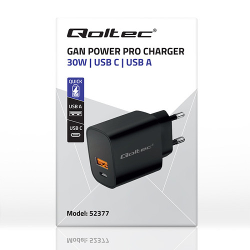 Incarcator universal Qoltec GaN POWER PRO 1xUSB-C  1xUSB  30W  5-20V  1.5-3A  Negru