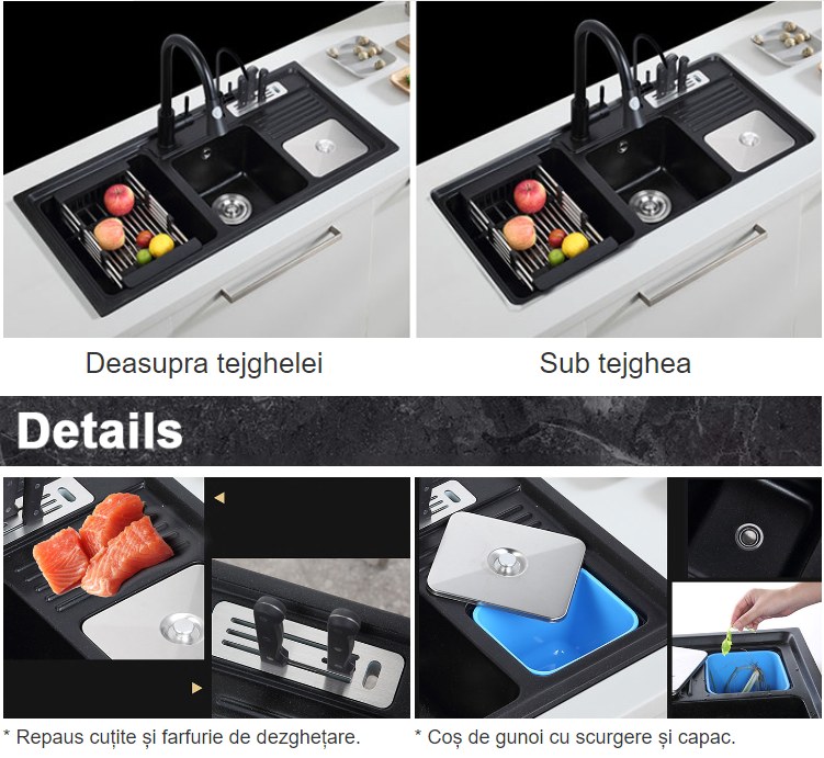 Set chiuveta tripla moderna din cuart negru cu accesorii