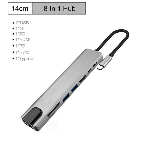 Hub Multiport Adaptor 8-In-1 USB-C cu 4K HDTV HDMI USB 3.0 SD TF Card Reader PD Charging - imagine 2