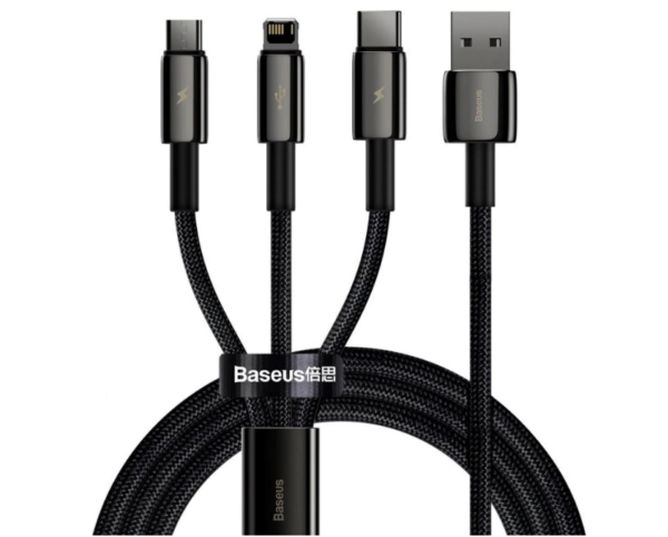 CABLU alimentare si date Baseus Tungsten Gold One-for-three, Fast Charging Data Cable pt.smartphone,USB la Micro-USB+Lightning+USB Type-C 3.5A,braided,1.5 m,negru "CAMLTWJ-01"  - 6953156204973