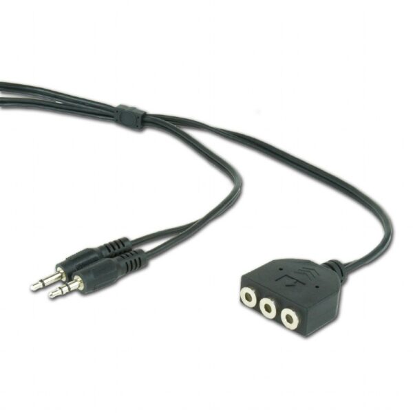 CABLU audio GEMBIRD Splitter stereo (2 x 3.5 mm jack T la 3 x 3.5 mm jack M; permite conectarea boxelor si castilor in acelasi timp), 1m, negru "CC-MIC-1"