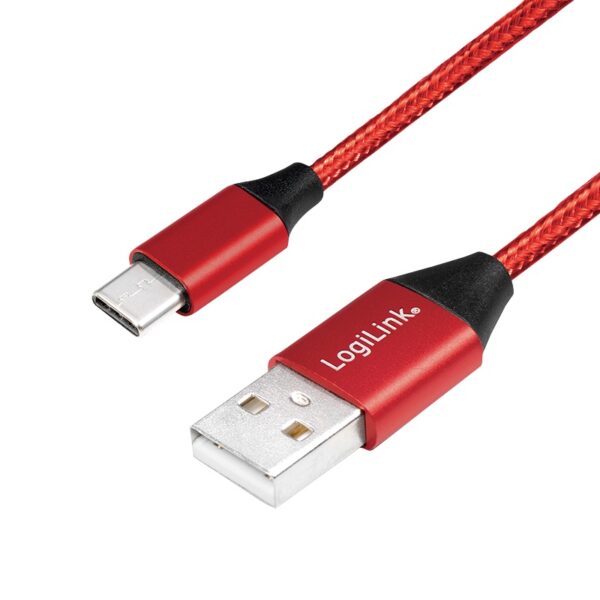 CABLU alimentare si date LOGILINK, pt. smartphone, USB 2.0 (T) la USB 2.0 Type-C (T), 0.3m, premium, cablu cu impletire din bumbac, rosu, "CU0147"