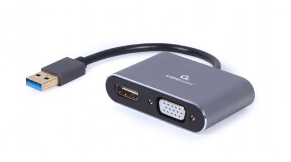 ADAPTOR video GEMBIRD, adaptor USB 3.0 Type-A (T) la HDMI (M) + VGA (M), 15cm, rezolutie maxima FULL HD (1920 x 1080) la 60Hz, gri, "A-USB3-HDMIVGA-01"